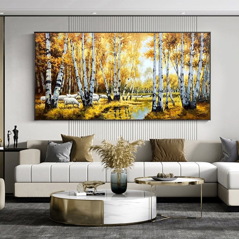 Handmade Oil Painting Canvas Wall Art Decoration Abstract Landscape  Painting Autumn Birch Forest for Home Decor Rolled Frameless Unstretched Painting