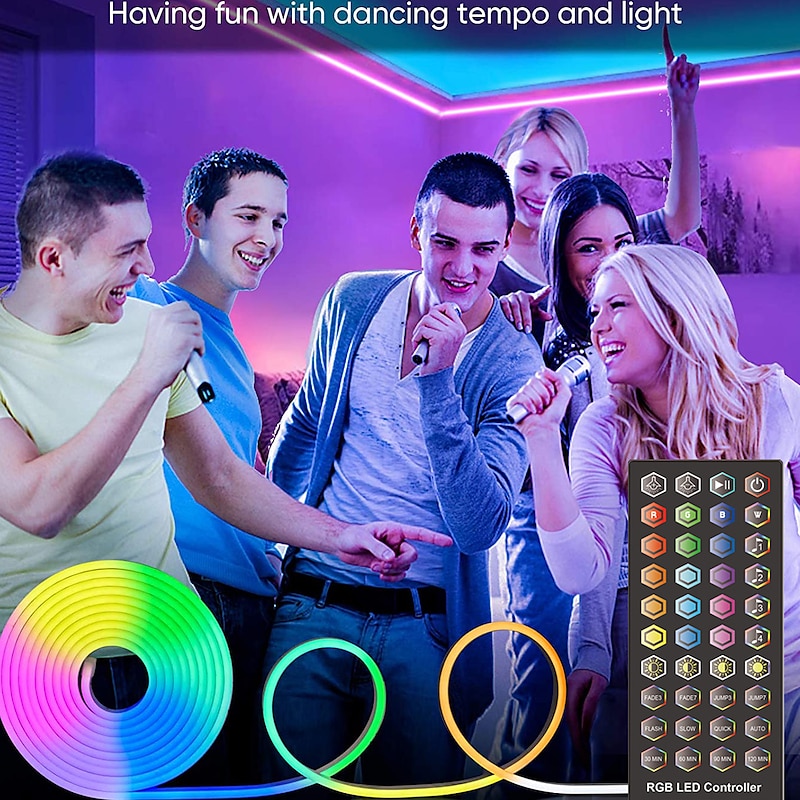 RGB Waterproof LED Flexible Neon Rope Strip Light app Music Sync Work with Alexa Google Assistant for party Décor 3~10m 9.8~32.8ft DC12V4