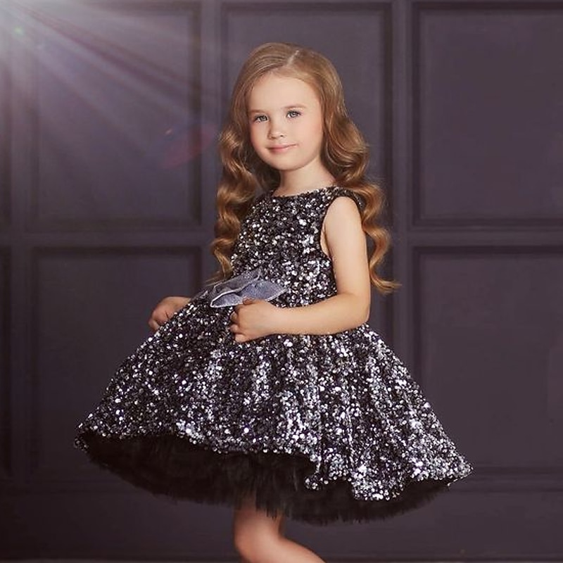Kids Girls' Dress Solid Colored Sleeveless Party Birthday Sequins Mesh Bow Cute Princess Polyester Maxi A Line Dress Tulle Dress Summer Fall 3-12 Years Silver Blue Brown