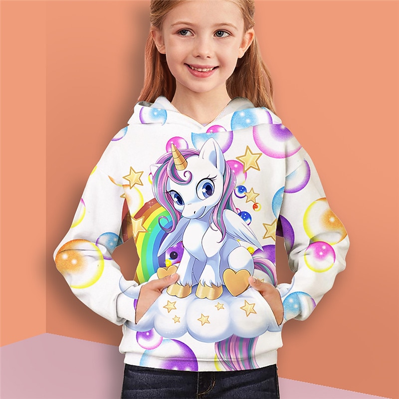 Kids Girls' Hoodie Long Sleeve White 3D Print Unicorn Animal Pocket Daily Indoor Outdoor Active Fashion Daily Sports 2-12 Years