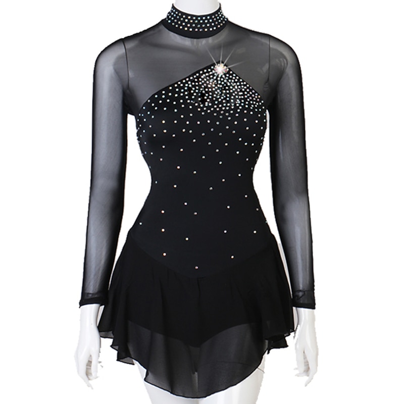 Figure Skating Dress Women's Girls' Ice Skating Dress Outfits Black Open Back Patchwork Mesh Spandex High Elasticity Practice Professional Competition Skating Wear Handmade Crystal / Rhinestone
