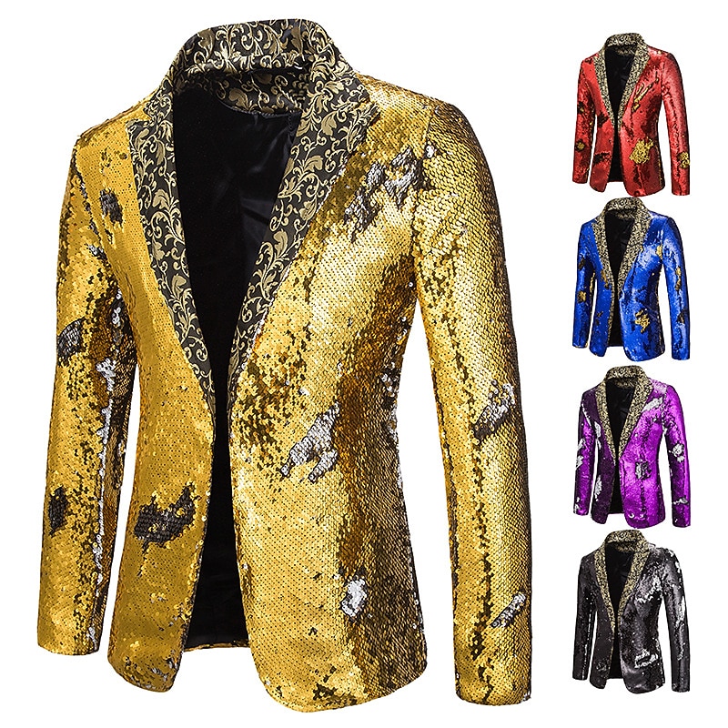 Men's Jacket Blazer Party Street Thermal Warm Breathable Sequins Pocket Fall Winter Solid Color Streetwear Casual Peaked Lapel Regular Regular Fit Black Red Blue Purple Gold Jacket