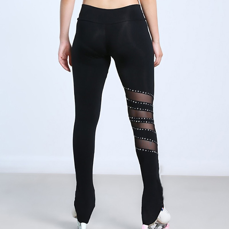 Figure Skating Pants Women's Girls' Ice Skating Tights Leggings Black Fleece Mesh Spandex High Elasticity Training Practice Competition Skating Wear Thermal Warm Handmade Patchwork Ice Skating Figure3