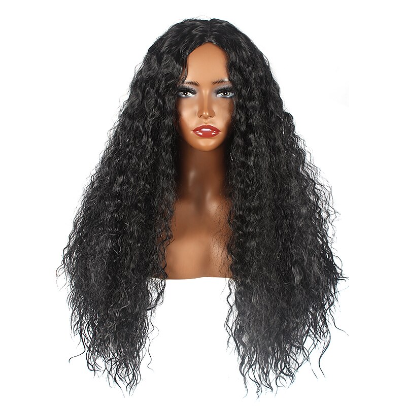 Synthetic Wig Curly Middle Part Machine Made Wig Long Black Synthetic Hair Women's Party Fashion Easy to Carry Black2
