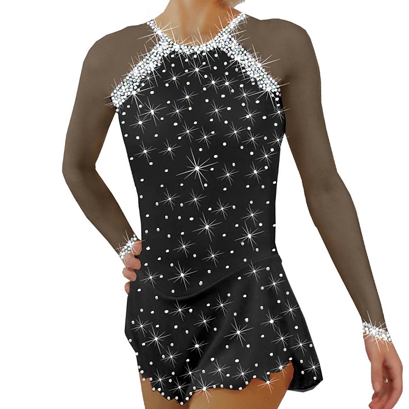 Figure Skating Dress Women's Girls' Ice Skating Dress Outfits Black White Yellow Mesh Spandex High Elasticity Training Practice Competition Skating Wear Patchwork Crystal / Rhinestone Long Sleeve Ice2