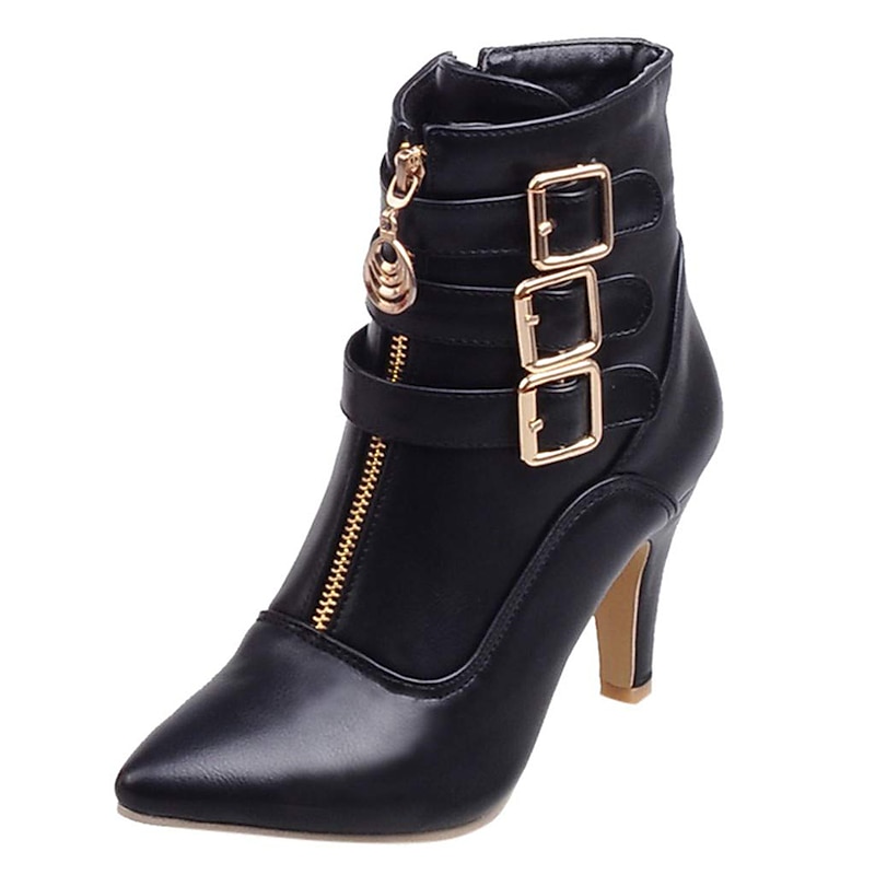 Women's Fashion High Heel Ankle Boots with Buckles and Zipper – Stylish Faux Leather Stiletto Boots for Fall and Winter2