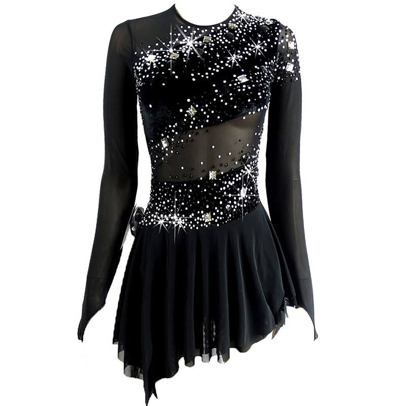 Figure Skating Dress Women's Girls' Ice Skating Dress Outfits Black Open Back Asymmetric Hem Mesh Spandex High Elasticity Competition Skating Wear Handmade Sequin Long Sleeve Figure Skating3