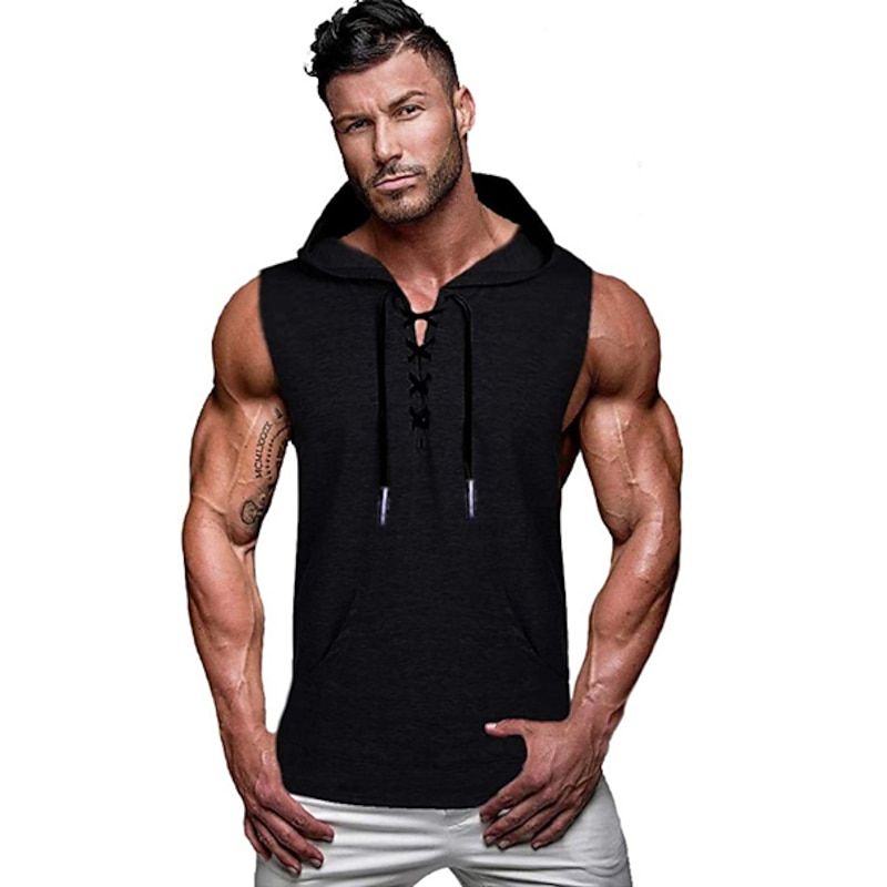 Men's Running Tank Top Workout Tank Pocket Hooded Sleeveless Hoodie Cotton Comfort Breathable Moisture Wicking Fitness Gym Workout Exercise & Fitness Sportswear Activewear ArmyGreen Black Gray3