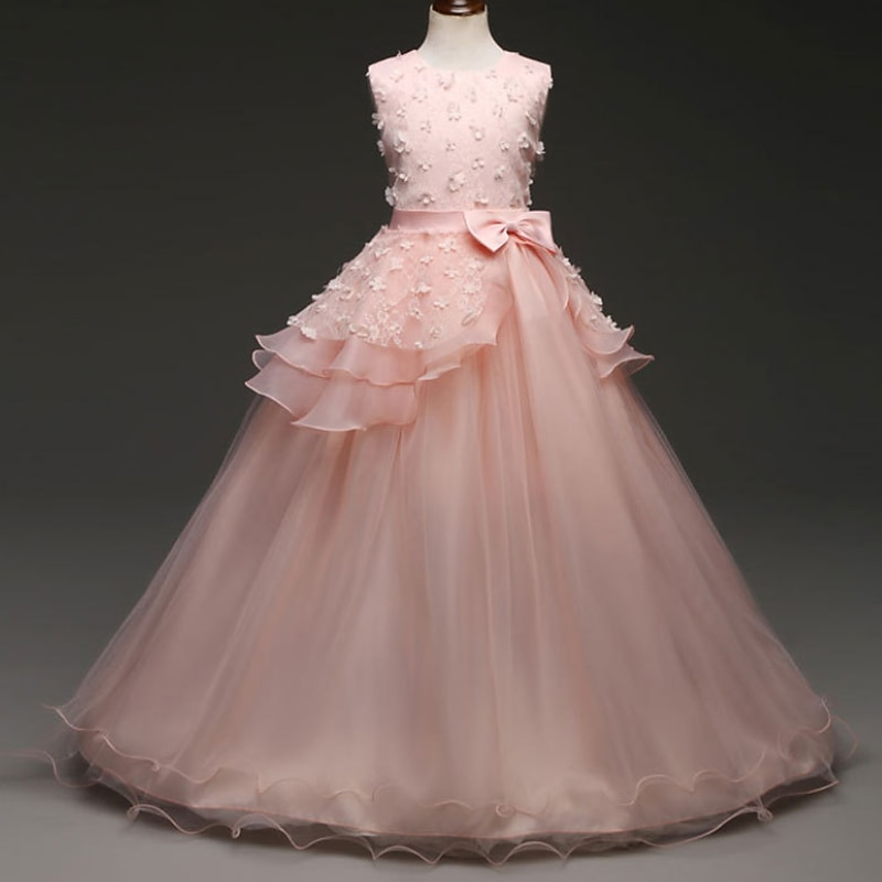 Kids Girls' Flower Girl Dress Dress Solid Colored Sleeveless Performance Wedding Party Lace Ruched Mesh Cute Princess Polyester Maxi A Line Dress Tulle Dress Flower Girl's Dress Spring Fall 4-13 Years3