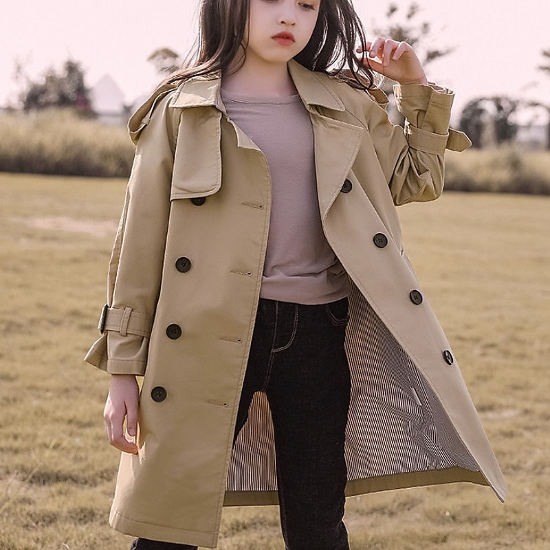 Kids Girls' Trench Coat Coat Long Sleeve Khaki Plain Lace up Fall Spring Adorable School 4-12 Years / Cute