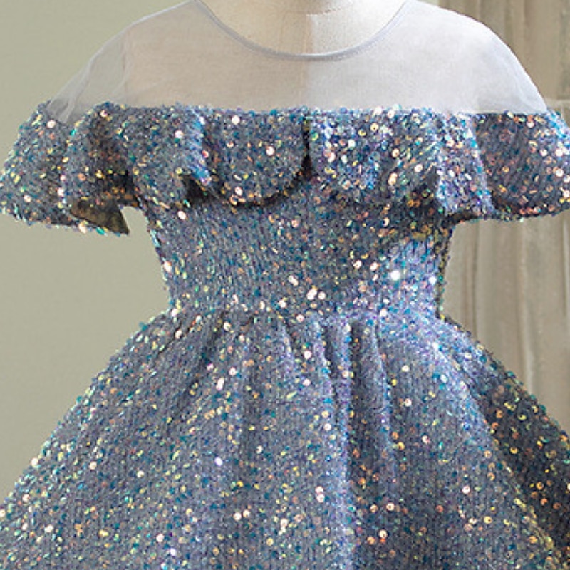 Flower Girl Dress Girls' Dress Evening Gown Party Dress Wedding Party Cute Princess Ruched Mesh Short Sleeve Crew Neck Silver Black 3-12 Years3