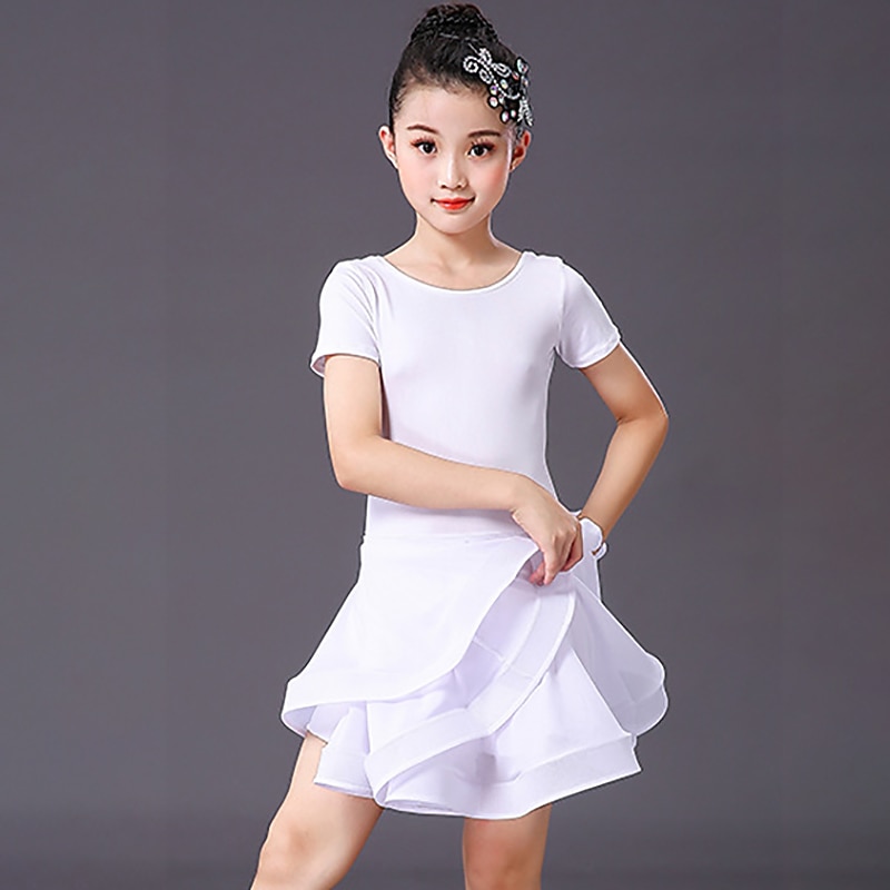 Latin Dance Dress Solid Girls' Training Performance Short Sleeve Spandex3
