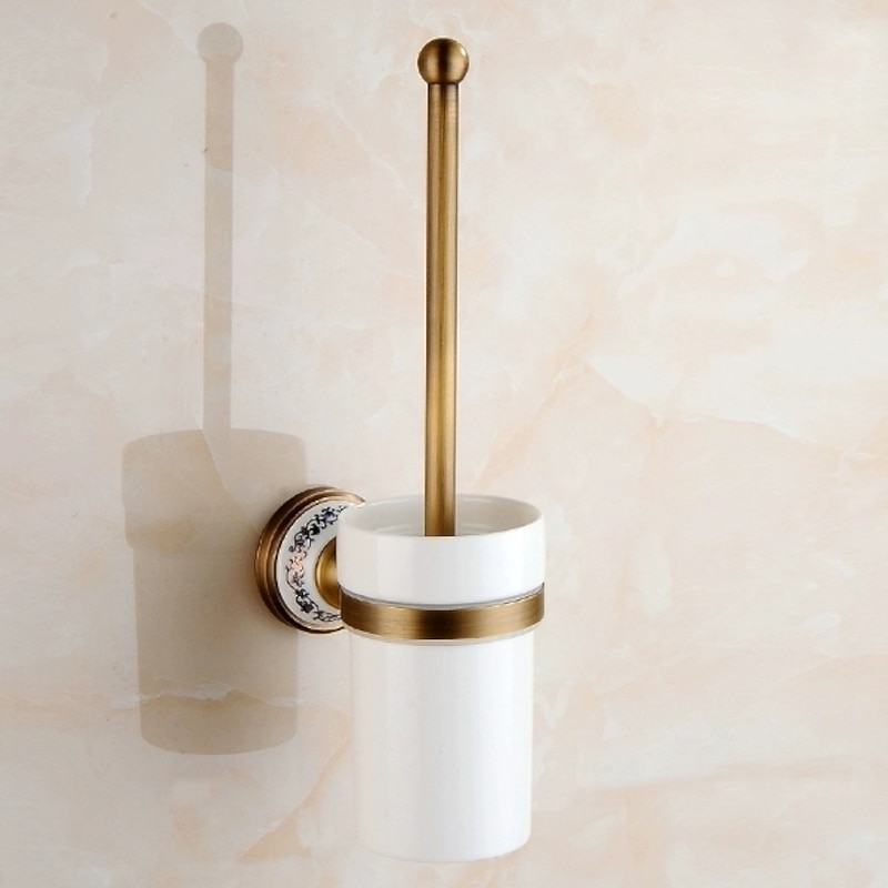 Toilet Brush with Holder,Antique Brass Ceramics Wall Mounted Rubber Painted Toilet Bowl Brush and Holder for Bathroom3