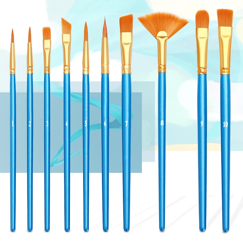 Wood Blue Painting Brushes Nylon Hair Material Oil Brushes Gouache Watercolor Paint Brushes 10 pcs2