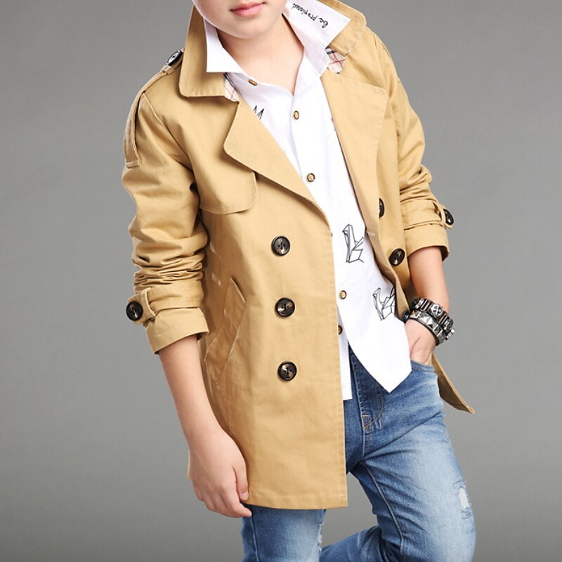 Kids Boys Trench Coat Outwear Long Sleeve Windproof Plain Winter Basic Daily Coat 4-13 Years Black Khaki Red4