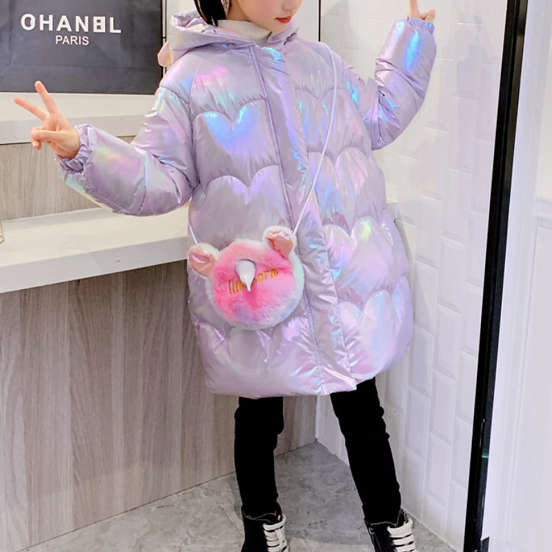 Kids Girls' Coat Outerwear Unicorn Plain Long Sleeve Pocket Coat Daily Active Adorable Purple White Winter 3-12 Years