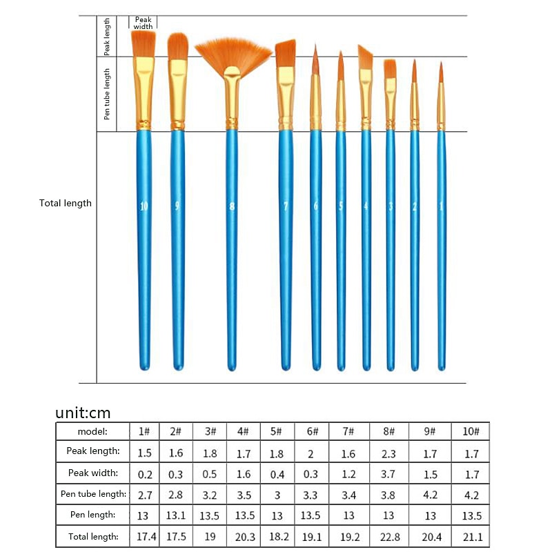 Wood Blue Painting Brushes Nylon Hair Material Oil Brushes Gouache Watercolor Paint Brushes 10 pcs4