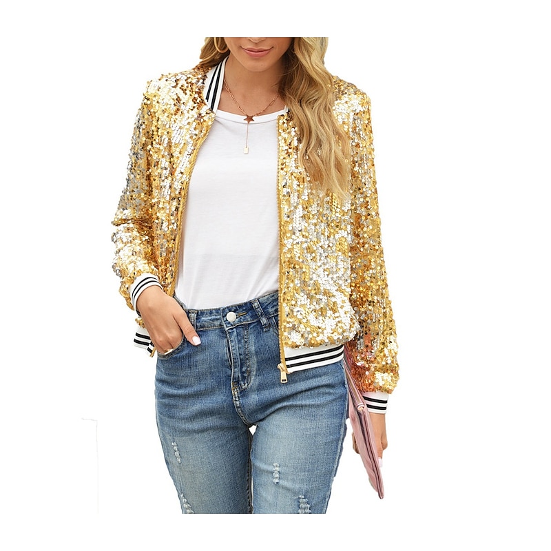 Women's Bomber Jacket Jacket Varsity Jacket Wedding Party Sport Spring Fall Regular Coat Regular Fit Windproof Warm Elegant Active Casual Jacket Long Sleeve Solid Color Sequin Sequins Blue Purple Gold