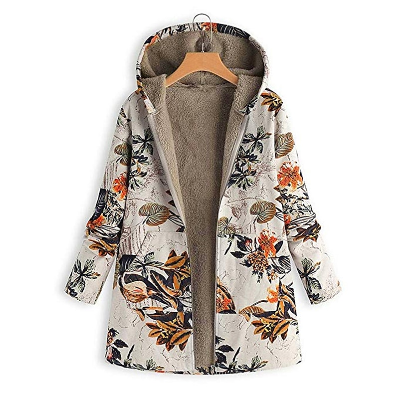 Women's Winter Jacket Fleece Jacket Sherpa Jacket Teddy Coat Daily Going out Fall Winter Regular Coat V Neck Loose Fit Warm Retro Casual Jacket Long Sleeve Trees / Leaves Pocket White Pattern Pink3