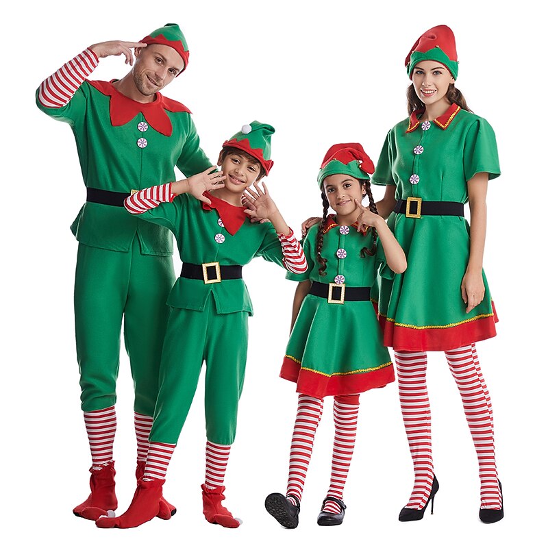 Santa Claus Elf Dress Outfits Vacation Dress Elf Costume Men's Boys' Christmas Costume Party Cosplay Costume Adults' Christmas Carnival Masquerade Christmas Vacation Party Top Pants Belt Socks Hat2