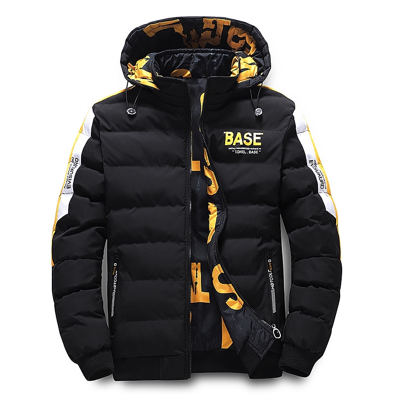 Men's Winter Coat Winter Jacket Puffer Jacket Quilted Jacket Pocket Full Zip Print Outdoor Street Daily Regular Sporty Casual Warm Breathable Fall Winter Letter Black Yellow Red Khaki Puffer Jacket