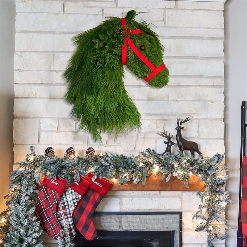 Christmas Horse Head Wreath Outdoor for Front Door Winter Wreath Window Decoration Garland Simulation Green Plants Durable Green Front Door Hanging