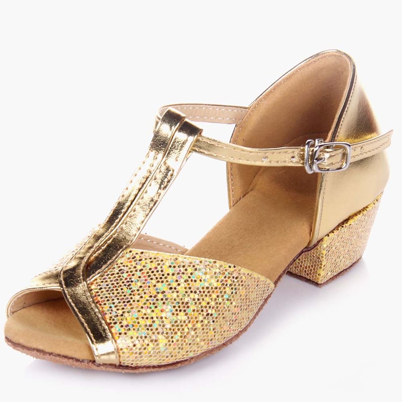 Girls' Gold Glitter Ballroom Dance Shoes – Suede Sole T-Strap Latin Dance Heels for Performance and Competitions4