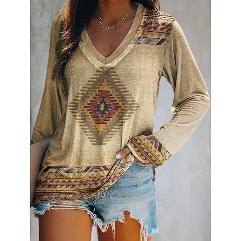 Women's Plus Size T Shirt V Neck Long Sleeve Tunic Graphic Geometric Vintage Basic Ethnic Long Tops Daily Weekend Print Blue Khaki Fall & Winter3