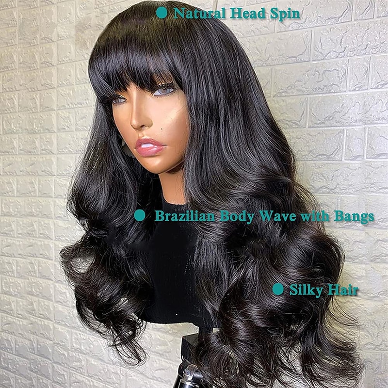 Human Hair Wig Long Body Wave With Bangs Natural Party Best Quality New Arrival Capless Brazilian Hair Women's Natural Black #1B 12 inch 14 inch 16 inch Daily Thanksgiving New Year3