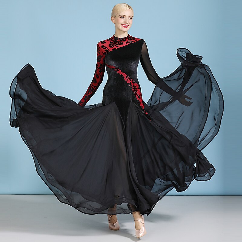 Ballroom Dance Dress Splicing Women's Training Performance Long Sleeve High Chiffon Tulle Velvet