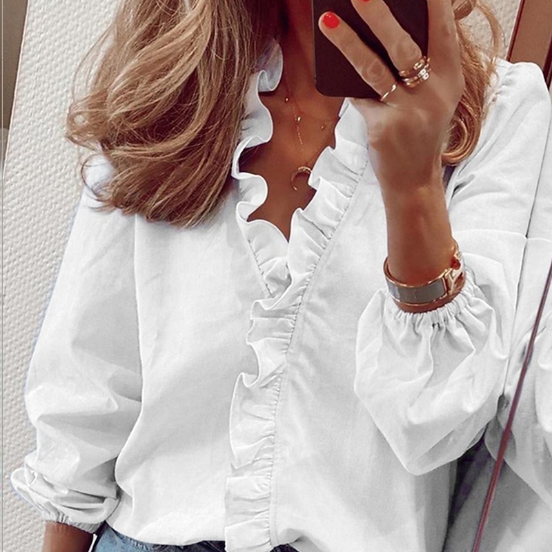 Women's Shirt Blouse White Orange Green Graphic Floral Ruffle Lace Trims Long Sleeve Casual Daily Basic Elegant V Neck Floral S