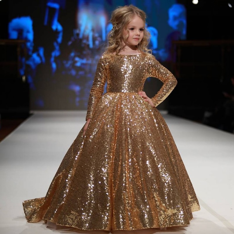 Kids Girls' Party Dress Sequins Gold A Line Dress Party Performance Ruched Mesh Gold Maxi 3/4 Length Sleeve Princess Cute Dresses Fall Winter Regular Fit 3-12 Years