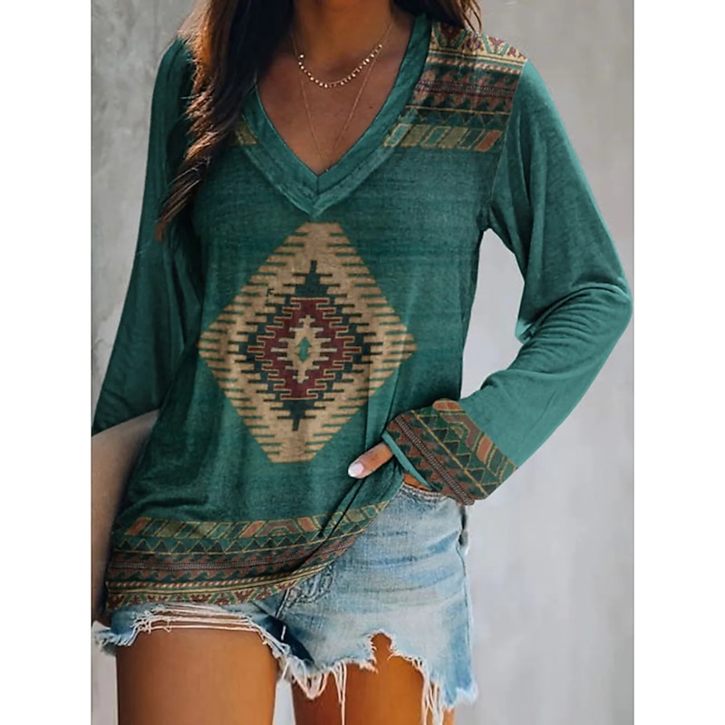 Women's Plus Size T Shirt V Neck Long Sleeve Tunic Graphic Geometric Vintage Basic Ethnic Long Tops Daily Weekend Print Blue Khaki Fall & Winter2