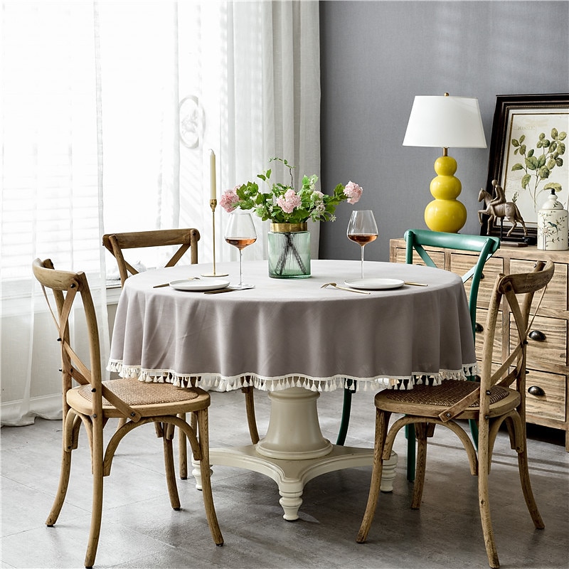Round Tablecloth Rustic Fabric with Tassel,Tablecloths for Round Tables Wrinkle Free Stain Resistant Outdoor Table Cover for Party Dining Round Tablecloths4