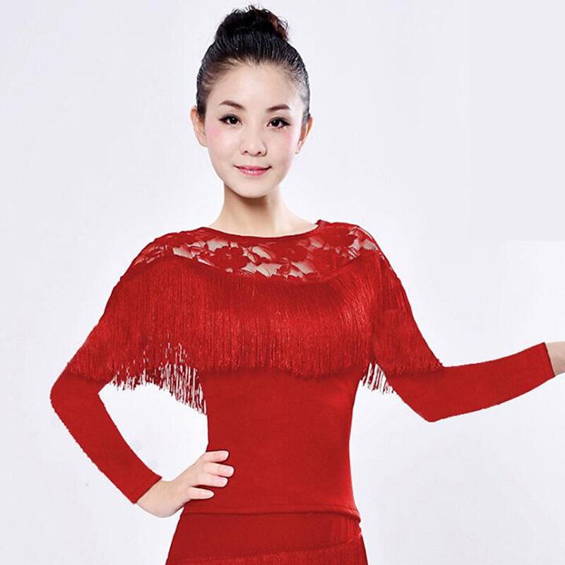Activewear Latin Salsa Dance Top Lace Tassel Solid Women's Training Performance Long Sleeve High Spandex2