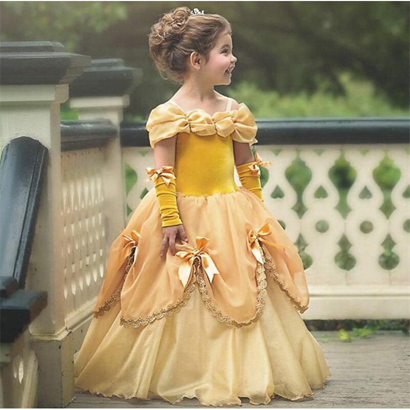 Princess Belle Dress Flower Girl's Dress with Gloves Off Shoulder Beauty and Beast Cosplay Costume Party Costume Girls' Kid's Costume Vintage Cosplay Sleeveless Wedding Guest