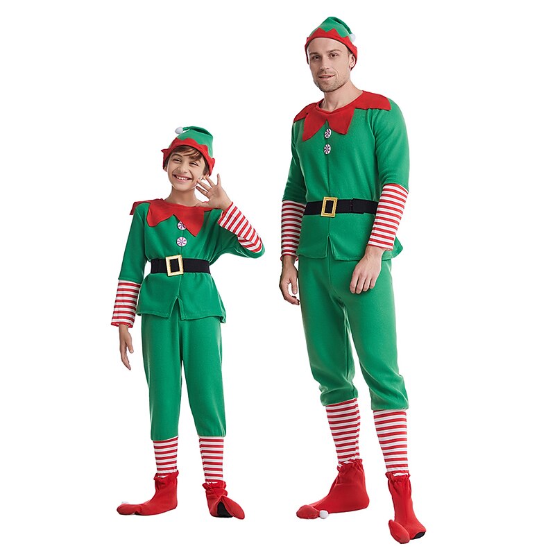 Santa Claus Elf Dress Outfits Vacation Dress Elf Costume Men's Boys' Christmas Costume Party Cosplay Costume Adults' Christmas Carnival Masquerade Christmas Vacation Party Top Pants Belt Socks Hat