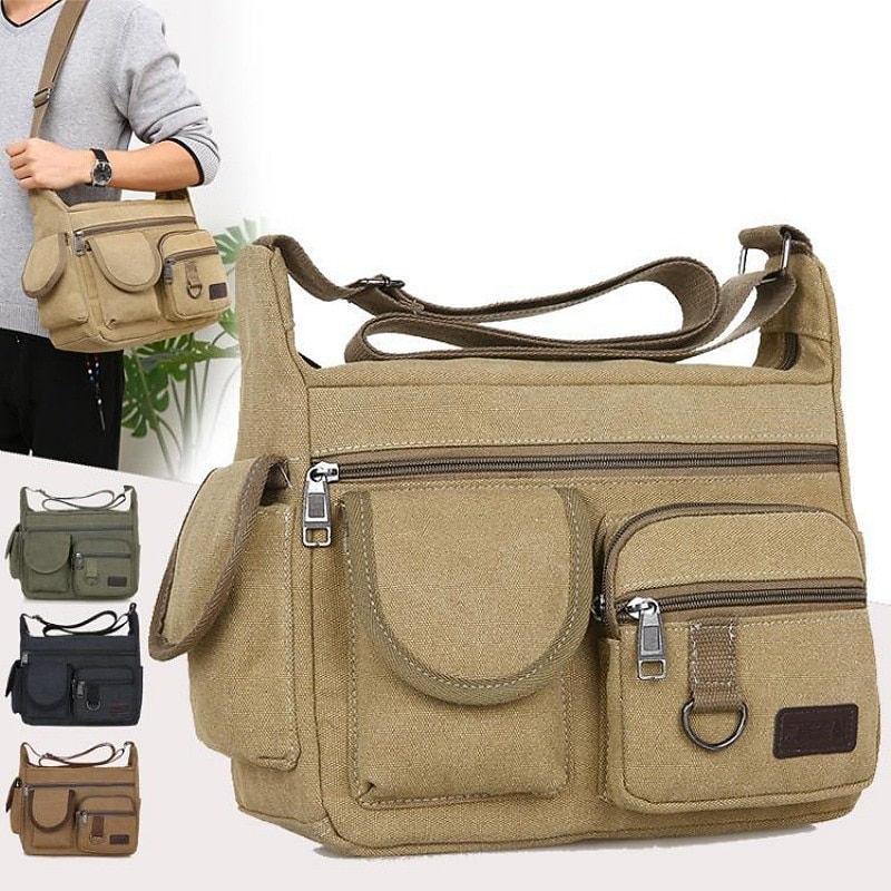 Men's Multi-Pocket Canvas Crossbody Messenger Bag – Durable Shoulder Bag for Travel, Work, and Casual Use