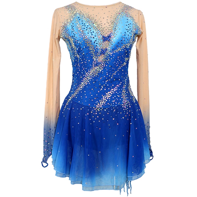 Figure Skating Dress Women's Girls' Ice Skating Dress Outfits Blue+Light Blue Patchwork Asymmetric Hem Mesh Spandex High Elasticity Competition Skating Wear Handmade Crystal / Rhinestone Long Sleeve
