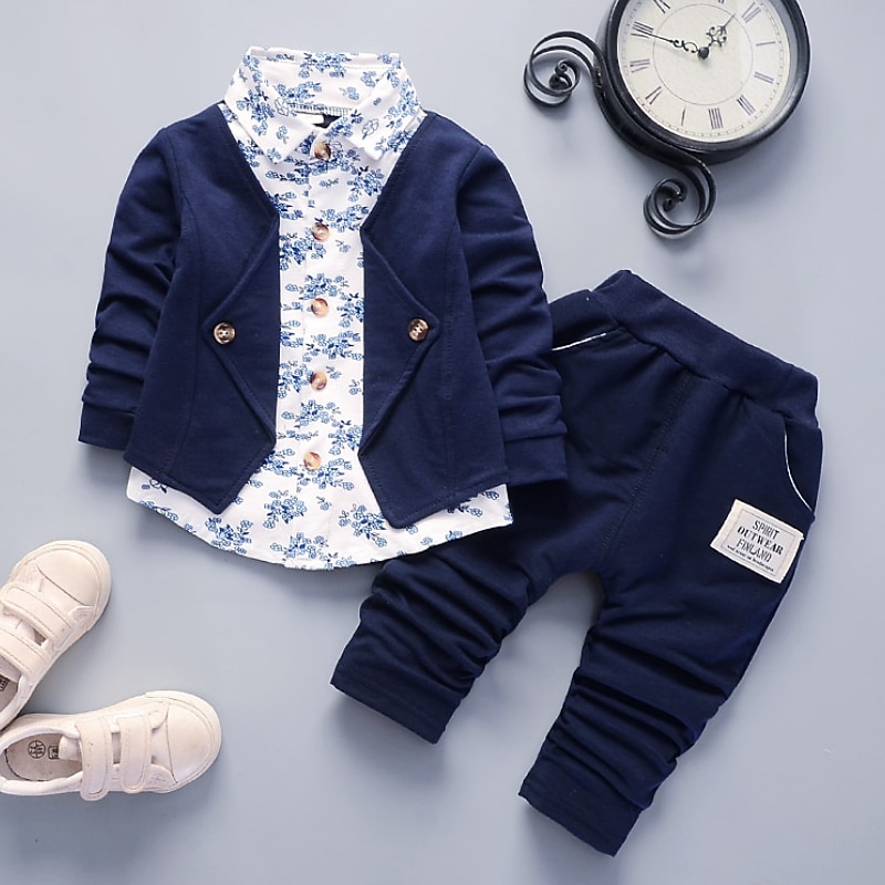 2 Pieces Ring Bearer Suit Boys Kids Suit Formal Suit Clothing Set Outdoor Indoor Active Vintage Daily Floral Graphic Print Print Red Navy Blue Gray Cotton