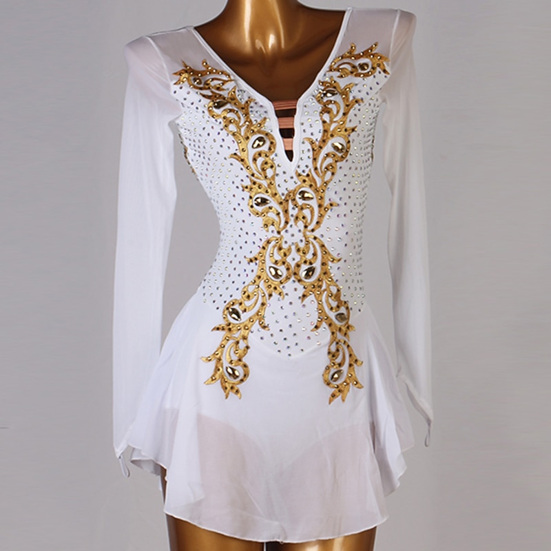 Figure Skating Dress Women's Girls' Ice Skating Dress Outfits White Black Patchwork Mesh Spandex High Elasticity Training Practice Professional Skating Wear Handmade Classic Crystal / Rhinestone Long - Main Image