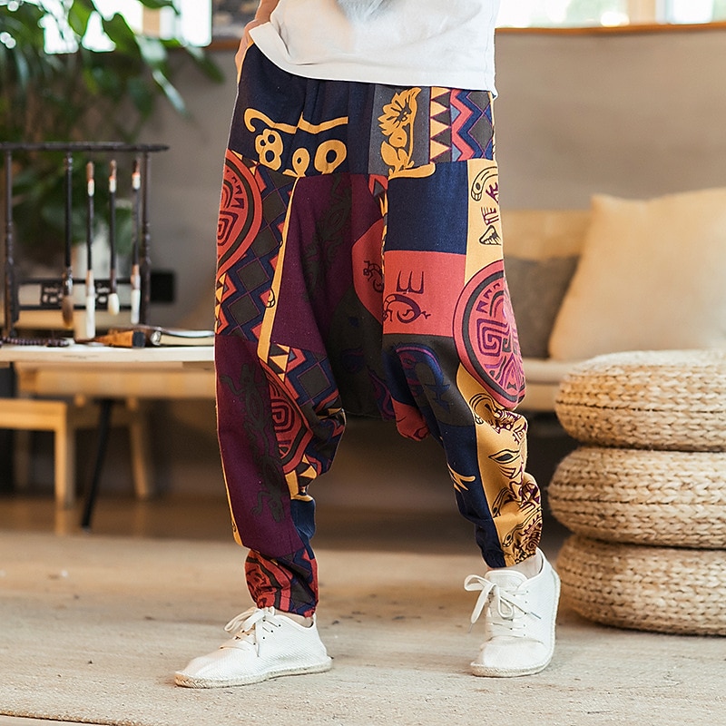 Men's Linen Pants Trousers Summer Pants Beach Pants Elastic Waist Drop Crotch Geometric Party Daily Hip-Hop Boho Loose Fit White Yellow3