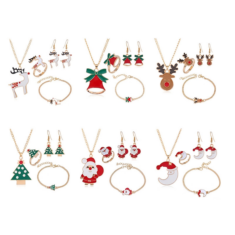 European and American Christmas Collection Christmas Drip Oil Old Man Elk Bell Earrings Necklace Bracelet Ring Set Gift for Christmas Gifts