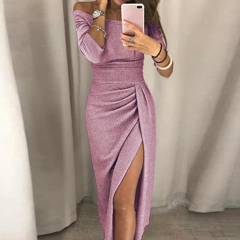 Sheath Cocktail Dresses Party Dress Party Wear Prom Ankle Length Half Sleeve Off Shoulder Fall Wedding Guest Jersey with Ruched Slit Dresses4