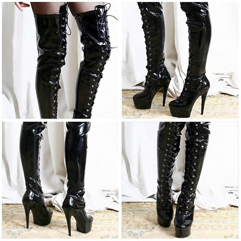 Bold Women's Black Patent Leather Thigh-High Platform Boots with Lace-Up Design - Ideal for Night Out and Clubbing2