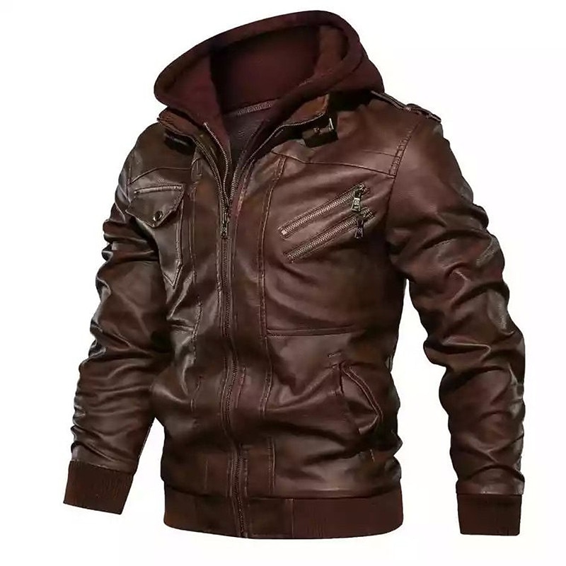 Men's Faux Leather Jacket Biker Jacket Hoodie Jacket Outdoor Daily Thermal Warm Windproof Pocket Fall Solid Color Sporty Casual Stand Collar Regular Black Brown Gray Jacket3