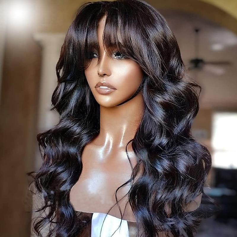 Human Hair Wig Long Body Wave With Bangs Natural Party Best Quality New Arrival Capless Brazilian Hair Women's Natural Black #1B 12 inch 14 inch 16 inch Daily Thanksgiving New Year2