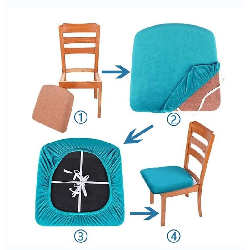 2 Pcs Velvet Dining Chair Seat Covers Black White Slipcover, Stretch Fitted Dining Room Cushion Cover,Removable Washable Furniture Protector with Ties4