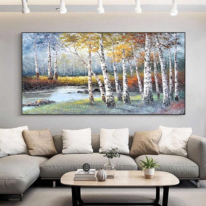 Handmade Oil Painting Canvas Wall Art Decoration Abstract Landscape  Painting Autumn Birch for Home Decor Rolled Frameless Unstretched Painting