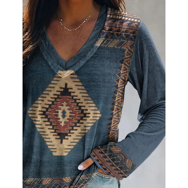 Women's Plus Size T Shirt V Neck Long Sleeve Tunic Graphic Geometric Vintage Basic Ethnic Long Tops Daily Weekend Print Blue Khaki Fall & Winter4